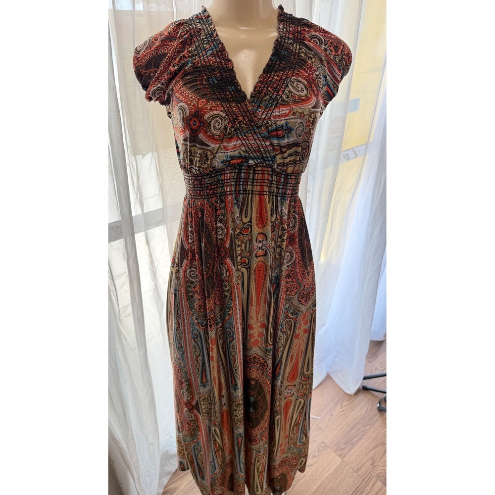 Boho Paisley Smocked Waist Maxi Dress Orange Blue Brown Cap Sleeve V-Neck